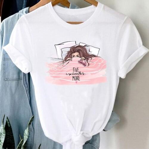 T-shirts Women Cartoon Sleep Girl Sweet Fashion Casual 90s Cute Clothes Graphic T Tshirt Top Lady Print Female Tee T-Shirt