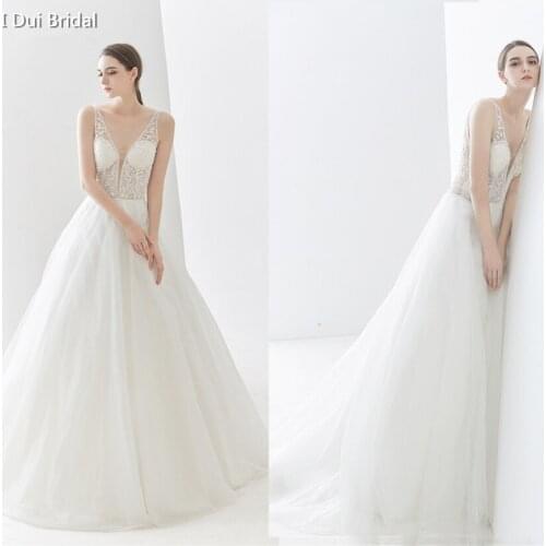 Illusion Corset Deep V Wedding Dress A Line Exquisite Beaded Low Back Bridal Gown Factory Custom Made