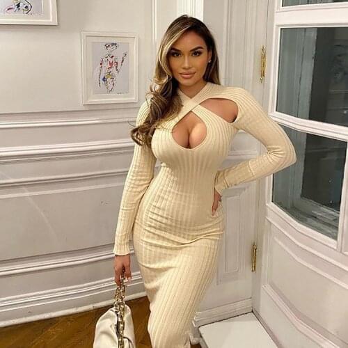 Kalenmos Sexy Tight-fitting Hollow Dress Ladies Pure Color Pit Strip Knit Long Sleeve Party Casual Dresses for Women