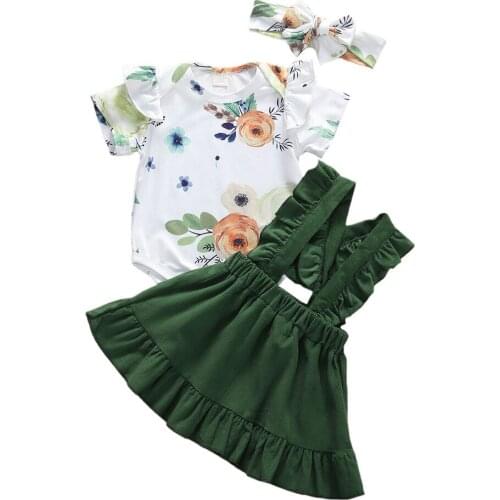 0-18M Newborn Baby Girl Clothes Floral Romper Jumpsuit Suspenders Skirt Headband OutfitS Baby Summer Clothing 3PCS Set