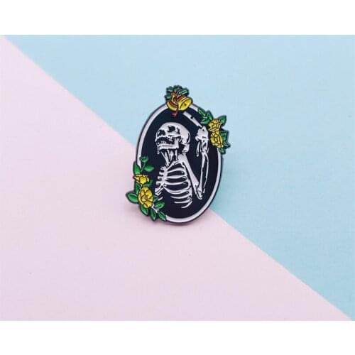 Creative Fun Black Oval Skeleton Flower Bell Enamel Brooch Punk Alloy Pins Badge Clothes Accessories Women Jewelry Gifts