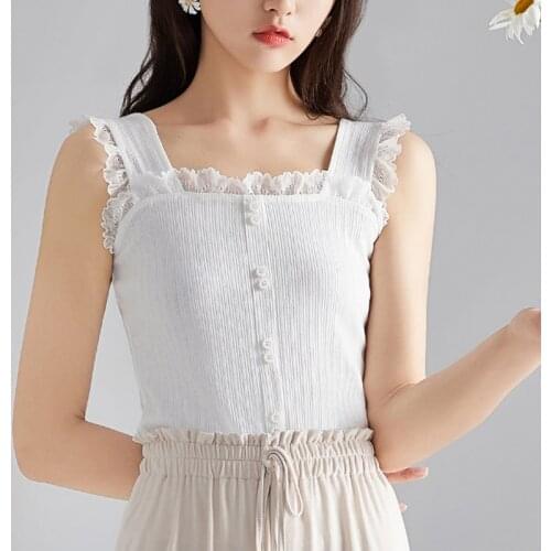 Cute Tank Tops Women Sexy Sleeveless Camisole Off Shoulder Short Sweet Slim Lace Patchwork Clothes Camis Female Roupas Femininas