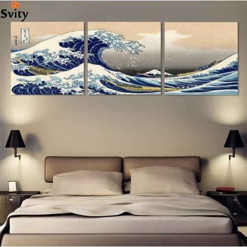Fashion seascape landscape canvas painting 3 panels traditional art scenery picture great Wave off Kanagawa Katsushika Hokusai