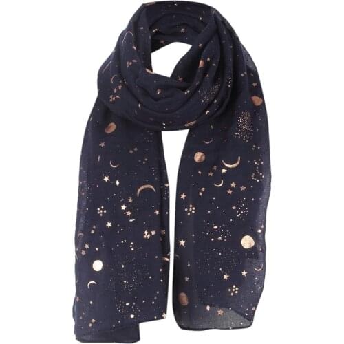 Fashion Thin Scarfs Ladies Stole Black Navy Star Moon Foil Gold Scarf Shawl For Womens Female Soft Wrap Hijab Bandana Dropship