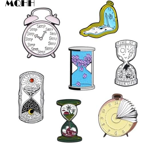 Cartoon Fun Time Alarm Clock Time Hourglass Flowers Enamel Brooch Alloy Badge Clothes Bag Pin Accessories Jewelry Gift For Kid