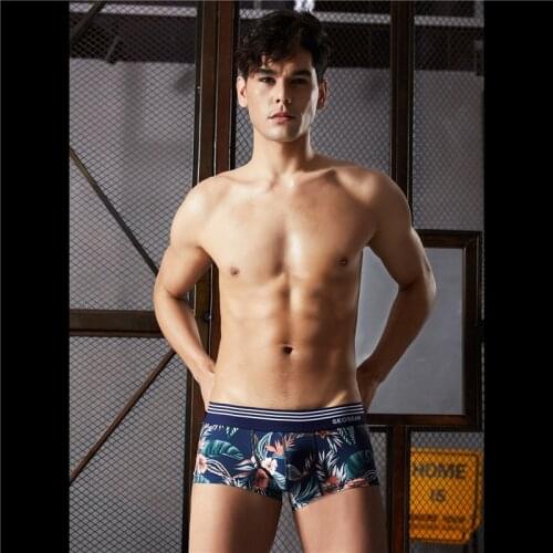 SEOBEAN New Mens Underwear Fashion Low-Waist U-convex Sexy Shorts Flower Printing Comfortable Cotton Boxers