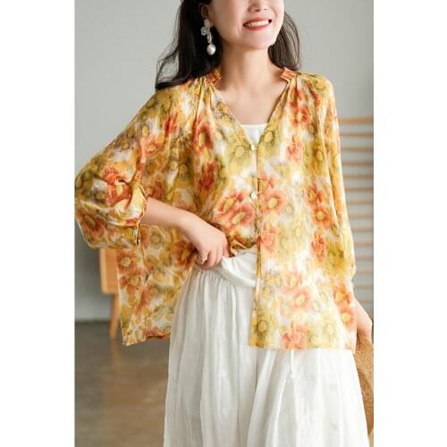 New Women Shirts Summer 21Prairie Chic Style Printed Loose V-Neck Collar Nine Quarter Sleeve Female Fashion Tops