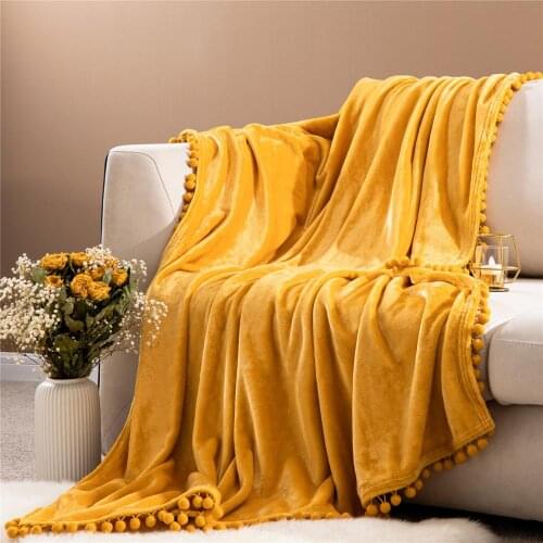 Solid Color Flannel Blanket With Pompom Fashion Fringe Lightweight Cozy Bed Blanket Soft Throw Blanket Fit Couch Sofa