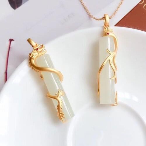 Silver inlaid natural Baitian Chalcedony dragon and Phoenix Pendant Necklace Chinese style retro domineering couple jewelry