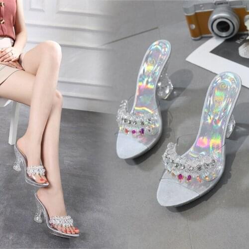 PVC Transparent High Heel Wedges Women Sandals Sexy Shoes Woman Summer Strange Heel Rhinestone Glass Crystal Bead Sandals