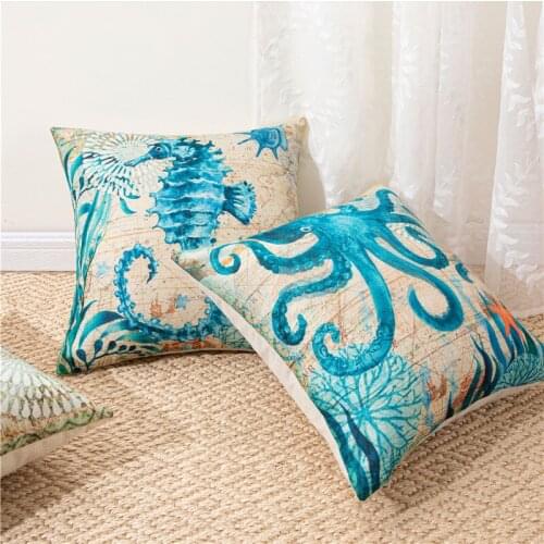 Blue Sea Fish Cartoon Cushion Covers Cotton Linen Printed Throw Pillowcases Covers For Home Decor Sofa Chair Children Kid Gift