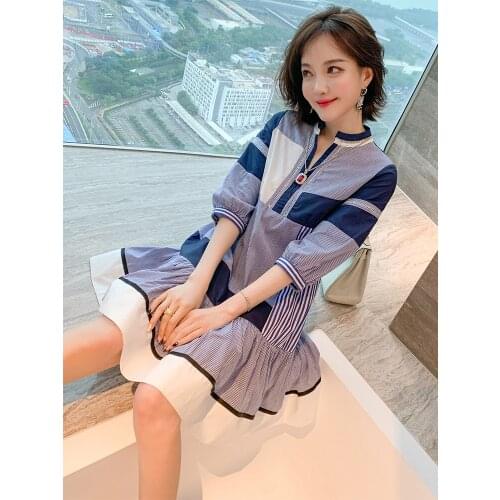 Stitching stripes, contrast color, personalized hollow out V Dress with collar and fishtail 2021 Spring new High Top Quality