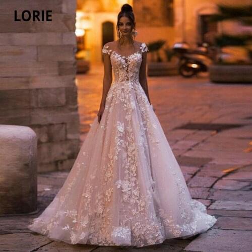 LORIE Bohemia Wedding Dresses Light Pink 2020 V-Neck 3D Flower Appliques Lace Bridal Gowns Beach Boho Wedding Dress Plus Size