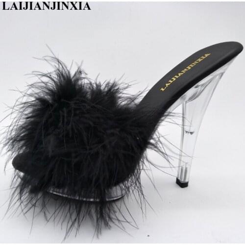 LAIJIANJINXIA High Heels 13CM Stripper Shoes Plump Feathe Crystal Shoes Summer Hot Sexy Platform Womens Shoes Thin Heels Shoes