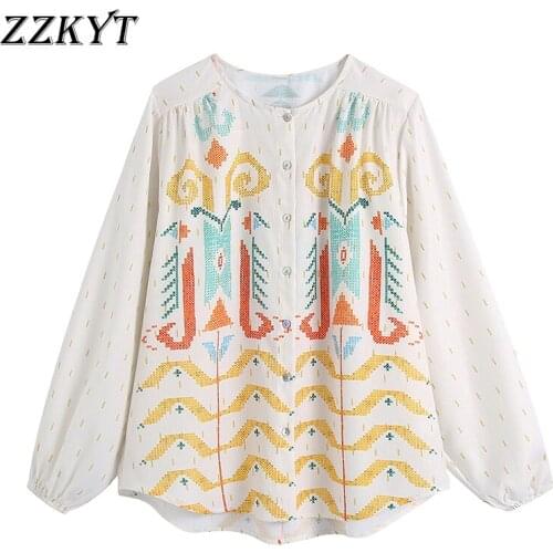 ZZKYT 2021 Women Autumn Vintage Print Single Breasted Blouses Fashion O-Neck Long Sleeve Office Lady Female Shirt Casual Tops