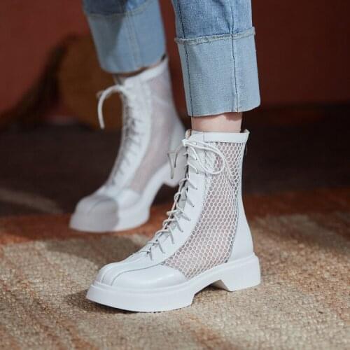 SKLFGXZY Summer European Genuine Leather Women Network Boots Ankle Round Head Sexy Cattle Leather Boots Non-slip Soles Shoes