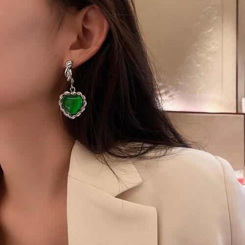 French Silver Color Twisted Love Heart Earrings Green crystal Earrings for Women retro Drop Earring 2020 Hot Aesthetic Jewelry