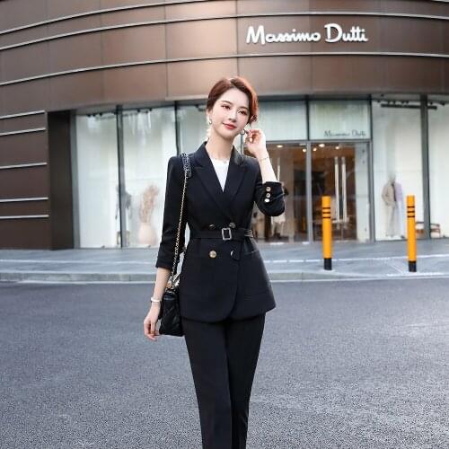 2020 New Elegant Office Work Wear Pant Suits OL 2 Piece Sets Solid double breasted Blazer Jacket & Trousers Suit For Women Set
