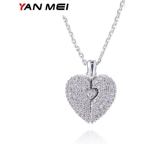 YANMEI Double Love Heart And Angle Wing Pendant Necklace AAA Cubic Zirconia Choker Collier For Women YMD1228