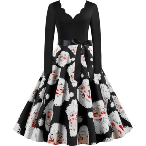 New Spring Fall Winter Christmas Santa Claus Print V Neck Bow Ribbon Long Sleeve Women Ladies Casual Party Short Skater Dress