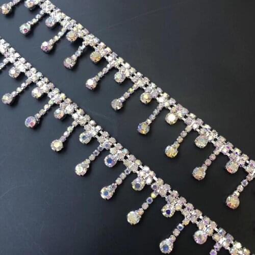 10Yards Clear AB Stone Silver Base Crystal Rhinestone Trim Close Tassel Fringe Chain Trimming Jewelry Sewing Crafts