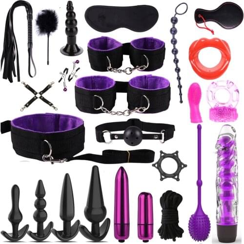 18pcs Silicone BDSM Sex Bondage Restraint Kit Sex toys for a couple Collar Mouth Gag Handcuffs Eye Mask Whip Rope Anal plug