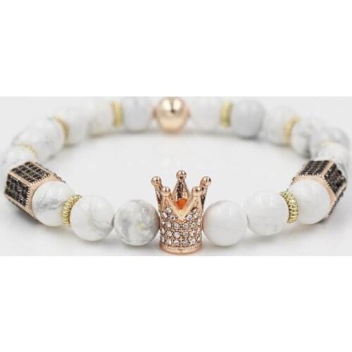 8mm eg2 gold silver Copper crown white Howlite micro pave cz zircon cubic zirconia Bracelet Yoga Reiki Chakra Healing