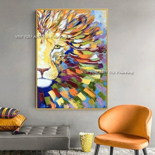 Abstract Colorful Lion Painting Modern Animal Wall Art Picture Cuadros for Artwork Canvas 100% Handmade Graphic Home Decoration