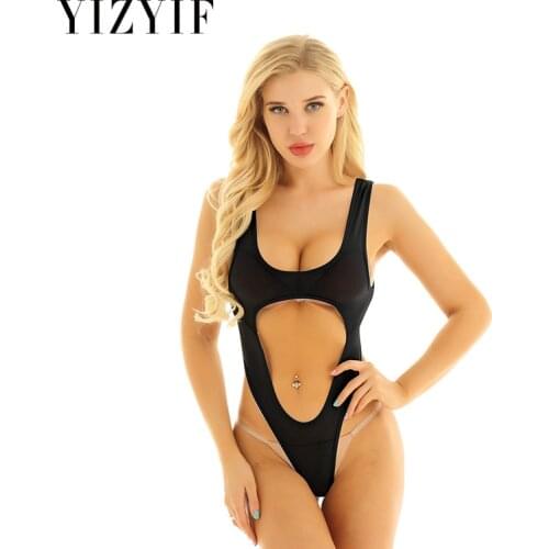 One Piece bathing suit women Open Crotch Bodysuits Sexy Lingerie Ultra Thin Sleeveless Hollow out Bust High Cut Thong Nightwear