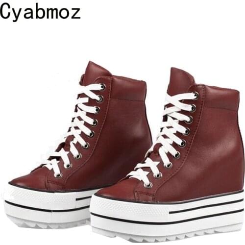 Cyabmoz Women Wedge Platform Shoes Genuine leather High Heels Thick bottom Woman Height increasing Lace up Casual Ladies shoes