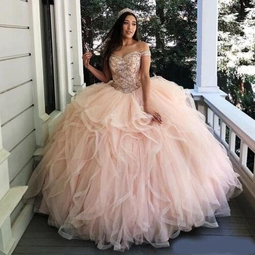 Charming Ruffles Tiered Light Pink Quinceanera Dresses Off the Shoulder Appliques Bead Sweet 16 Dress Corset Back Tulle Prom