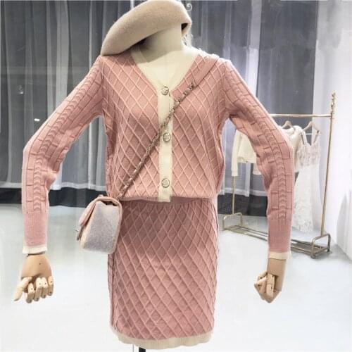 JSXDHK Women Knitted Single Breasted Plaid Pink Cardigan Sweaters Skirt Sets And High Waist Bodycon A -Line Clothing Sets