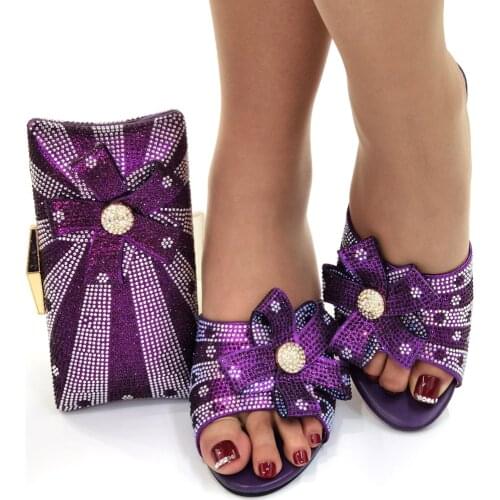 Classics African Women Royal Wedding Party Shoes and Bag to Match with Shinning Crystal in Purple Color Italian Style Set