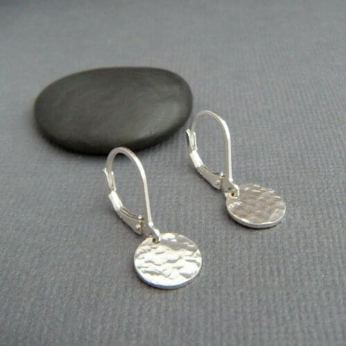 Tiny sterling silver dangles hammered circle earrings