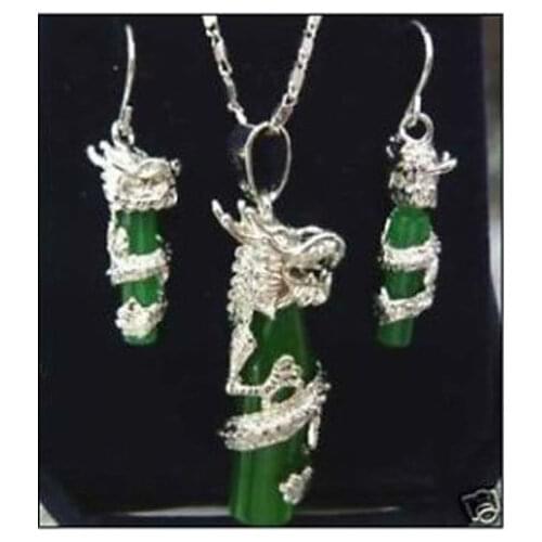 Hot selling@> green Natural stone silver plate dragon Necklace earring set AAA watch Quartz stone crystal Natural -Br