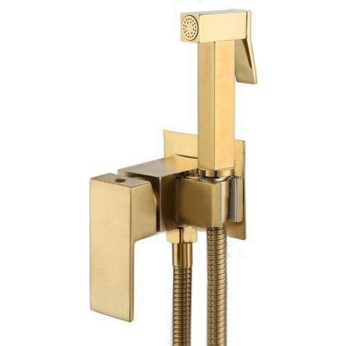 Brushed gray Brass Hand Held Toilet Bidet Sprayer Brushed Gold Hot And Cold Bathroom Douche Kit Square Shattaf Shower Faucet