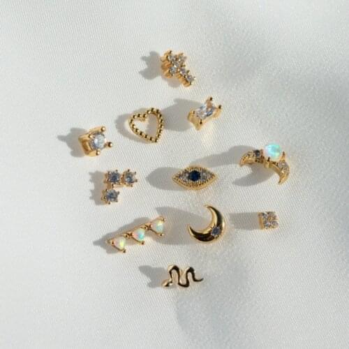 Minimalist Delicate Dainty CZ European 100% 925 Sterling Silver 5-6mm Tiny Small Star Signet Moon Stud Earring For Girl Women