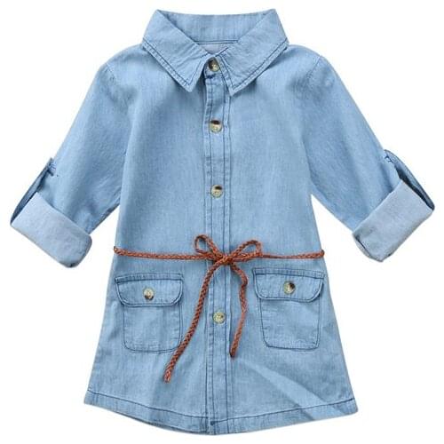 2017 Fashion New Baby Girls Lovely Long Sleeve Turn-Down Collar Sashes Denim Knee-Length Princess Dress Outfit Autumn 2-7Y