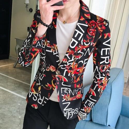 Fashion Mens Letters Printed Slim Fit Blazers Jacket One Button Club Men Coat Size M-3XL V01