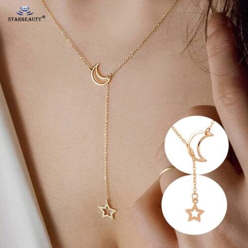 Starbeauty Simple Hollow Moon Star Pendant Necklaces Gold Color Statement Necklace Women Long Necklace Chain Men Jewelry