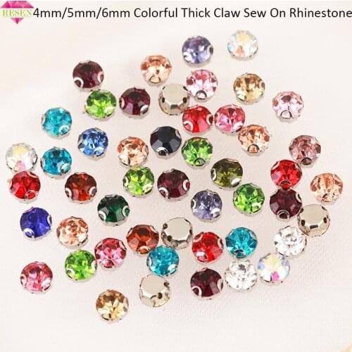 RESEN 4/5/6mm Thickness 3D Claw Colorful Glass Sew on Rhinestone Flat Back Mix Color Sewing Rhinestones For Garments Accessories
