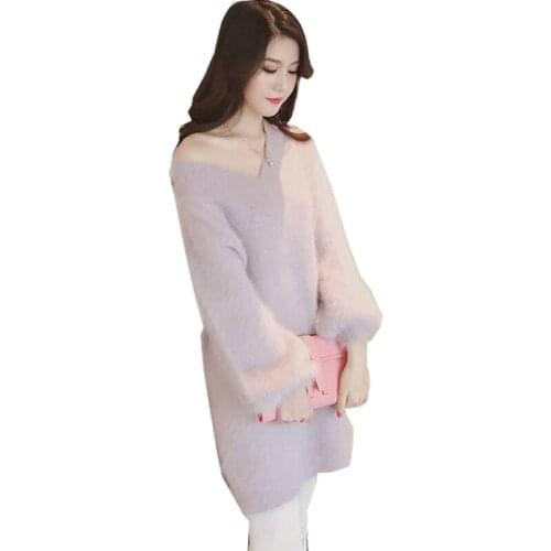 2021 V-neck Sweater Women Autumn And Winter womens Long Solid Color long-sleeved Loose Sweaters And Pullovers Vestidos LXJ491