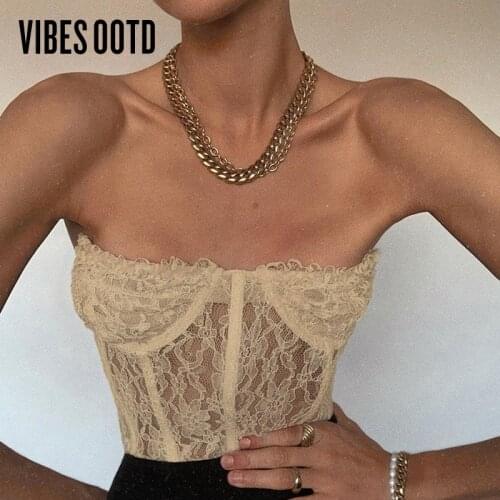 VIBESOOTD Strapless Mesh Lace Sheer Crop Tops for Women Sexy Backless Sleeveless Cropped Feminino Tops Underwear