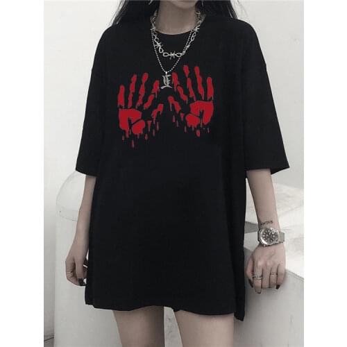 Palm Print Gothic Black Punk Style Summer Tops Women T-Shirts Short Sleeve Camiseta Mujer Poleras Harajuku Casual Vintage Female