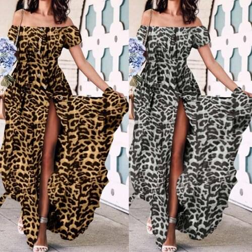 Women Sexy Off Shoulder Maxi Long Dress Women 2021 Leopard Print Casual Loose Buttons Ruffle Split Dress Summer Vestidos Belt