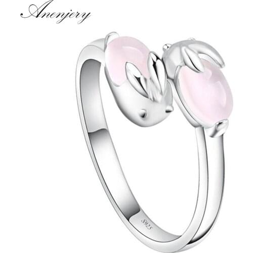 ANENJERY 925 Sterling Silver Newest Opening Ring Cute Pink Crystal Rabbit Ring For Women anel Valentines Day Present S-R135