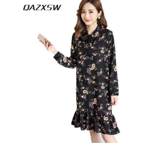 QAZXSW 2018 New Spring Plus Size Dress For Women Long Sleeve Women Render Dress Irregular Neck Ladies Party Dress Vestidos HB587