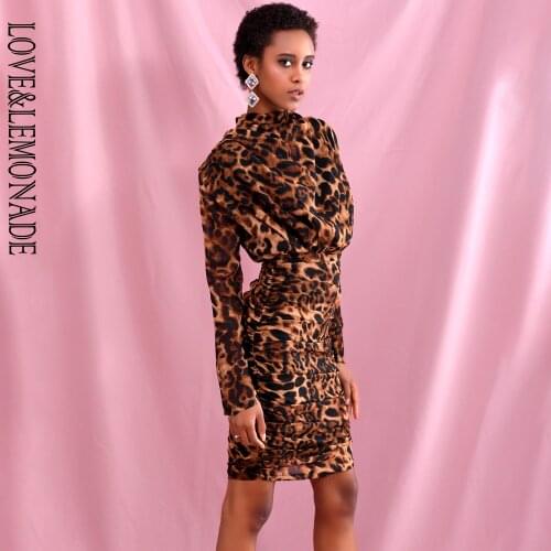 LOVE&LEMONADE High Collar Loose Upper Body Pleated Decoration Brown Leopard Chiffon Party Dress LM81722-1