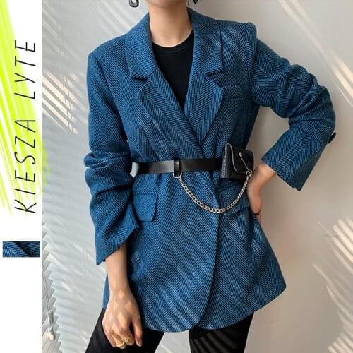 New Woolen Coat Women Elegant Thick Blue Suit Blazer Jacket 2020 Autumn Winter Office Lady Outwear Female Fashion
