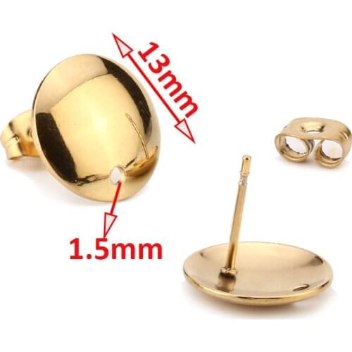 Gold Tone 13mm Stainless Steel Round Circle Stud Earring Post with Hole s Connector Findings for Dangle Making